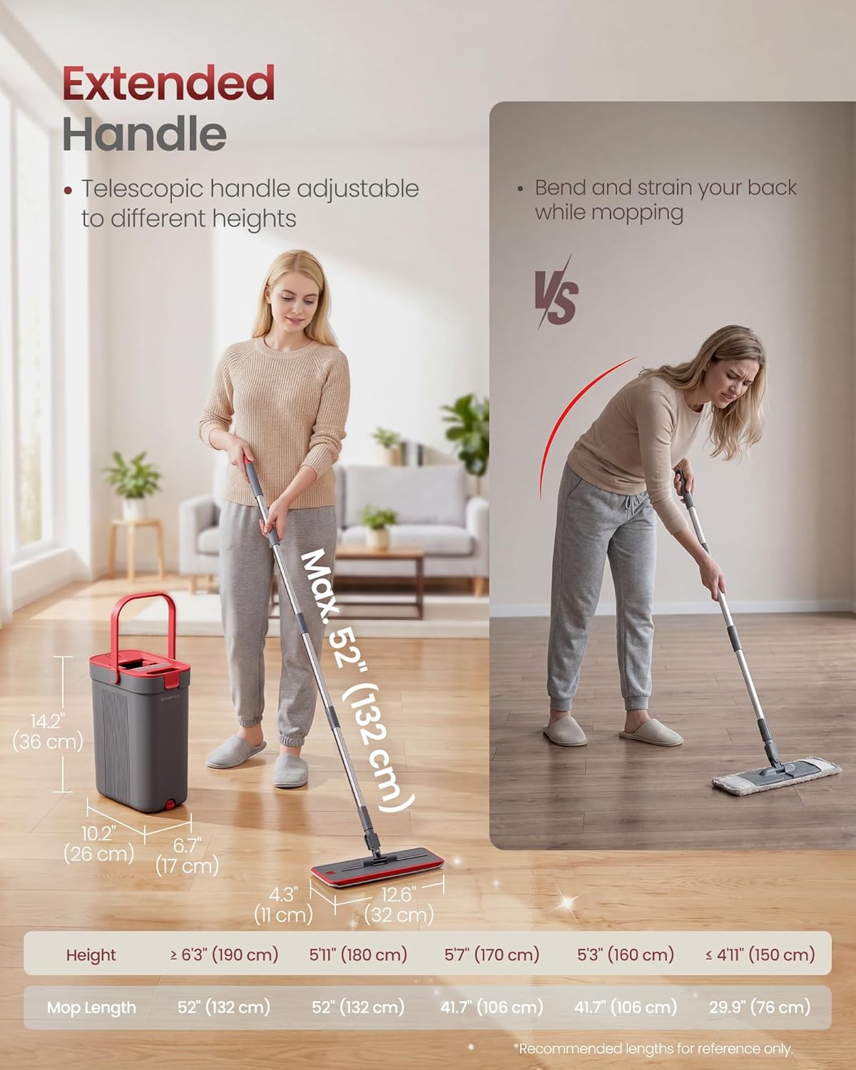 SONGMICS Mop and Bucket Set, Flat Mop with 3-Chamber Clean & Dirty Water Separation System, Wringer Bucket, 360° Rotating Head, 3 Microfiber Pads, Gray and Red ULMB001GT03