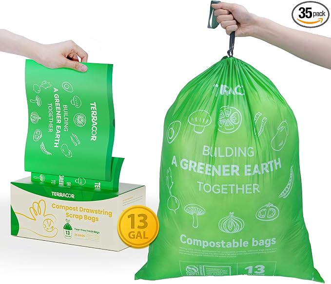 13 Gallon Compostable Trash Bags Liners Drawstring, Heavy Duty Extra Thick 1 Mil by TerracorPackaging