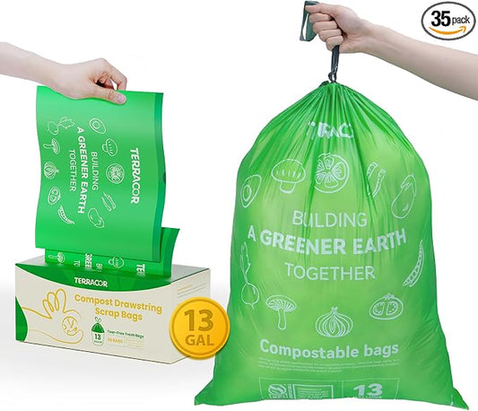 13 Gallon Compostable Trash Bags Liners Drawstring, Heavy Duty Extra Thick 1 Mil by TerracorPackaging