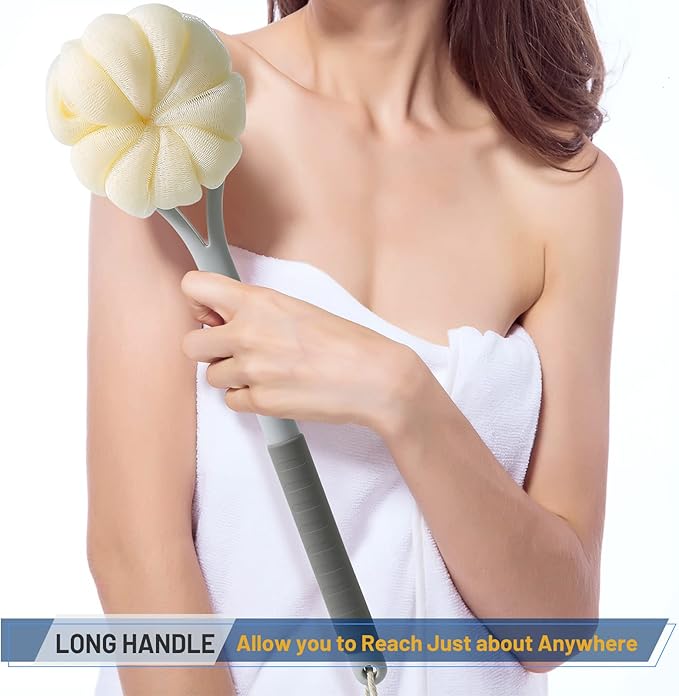 Shower Body Brush, Soft Bristles and Beautiful Pumpkin Loofah 14” Long Handle - Image 4