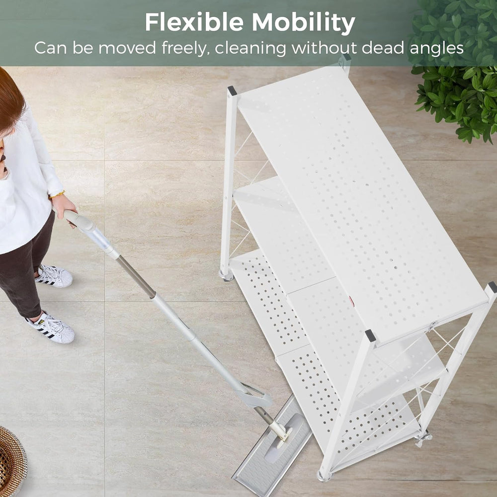 DEANIC 3 Tier Foldable Storage Shelves with Wheels, Kitchen Appliance Stand, ...