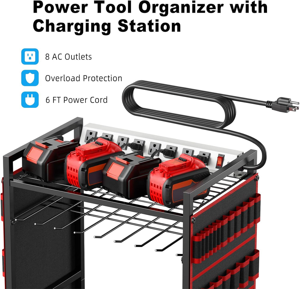 JUNNUJ Power Tool Organizer Cart with Charging Station, 6 FT Cord, Red