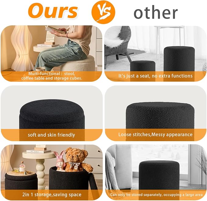 Round Ottoman with Storage Set of 2-Upholstered Sherpa Vanity Stool - Image 5