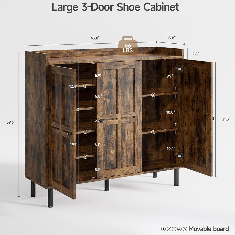 ONBRILL Shoe Cabinet with 3 Doors & Adjustable Shelves (Rustic Brown)