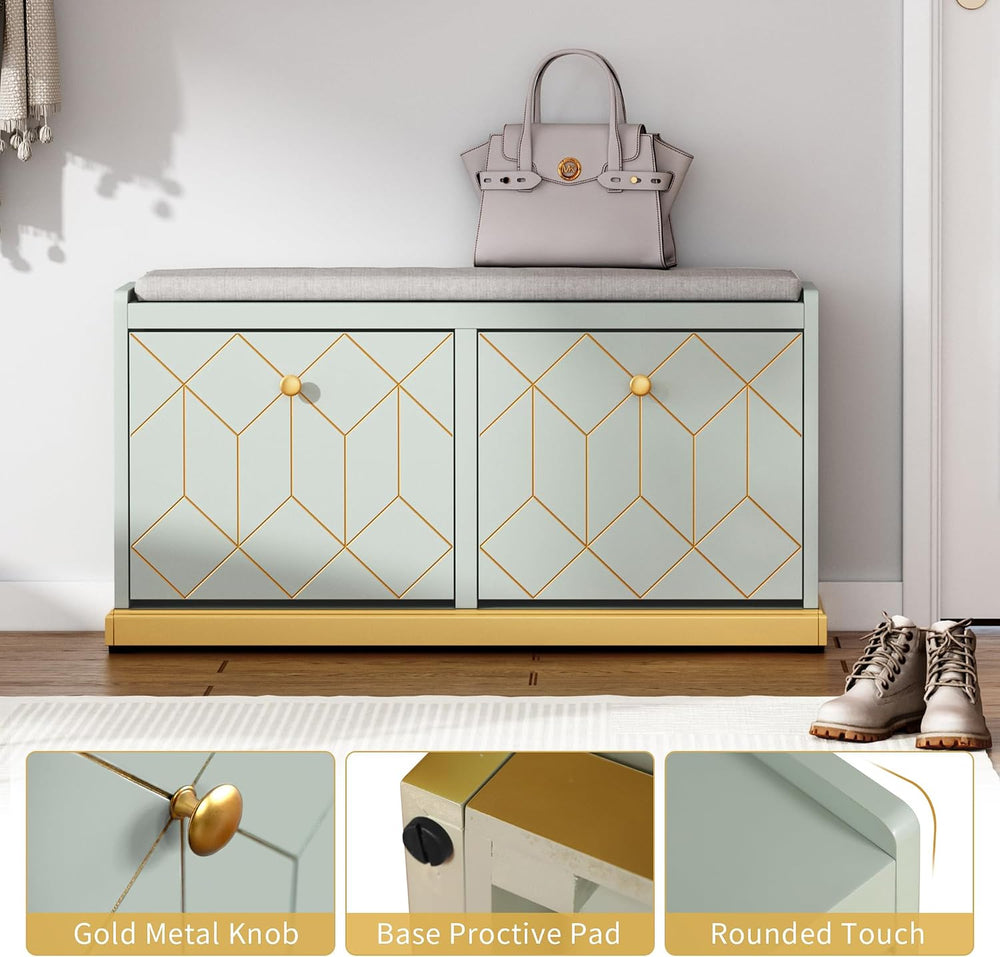 HLR Shoe Storage Bench with 2 Flip Drawer & Padded Cushion Seat