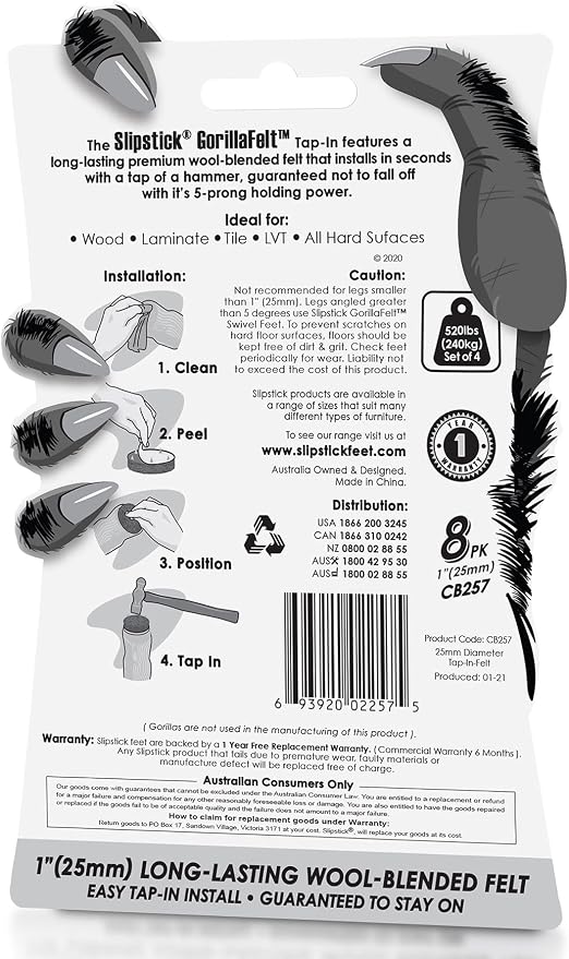 GorillaFelt CB257 Chair Leg Floor Protectors/Felt Glides Tap On Felt Furniture - Image 5