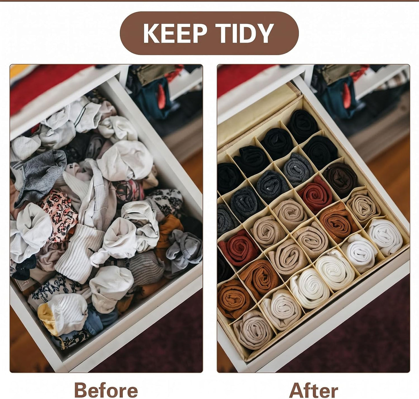 2-Pack Beige Sock & Tie Organizer with Lid, 30-Cell Foldable Storage Box | Keeps socks, ties, belts, small accessories neatly organized with a foldable, dustproof design and easy-access compartments