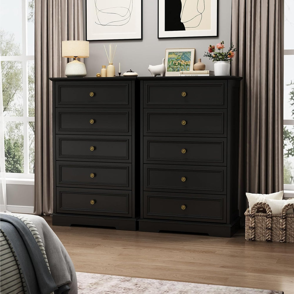 Black 5 Drawer Dresser, 44" Tall Wooden Dresser and Chest of Drawers for...