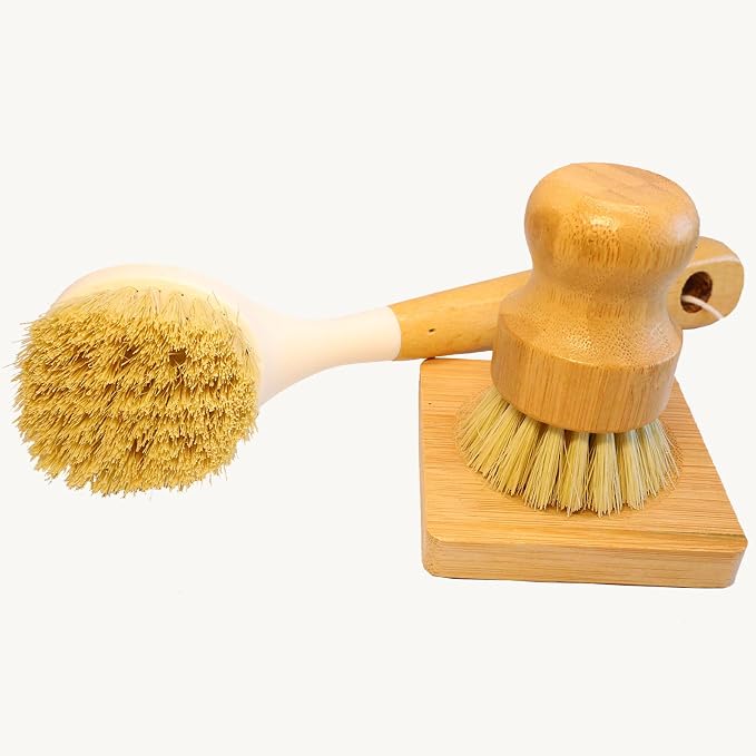 Natural Bristle Dish Brush Set, 1 Wooden Dish Brush and 1 Bamboo Dish Brush by Unknown