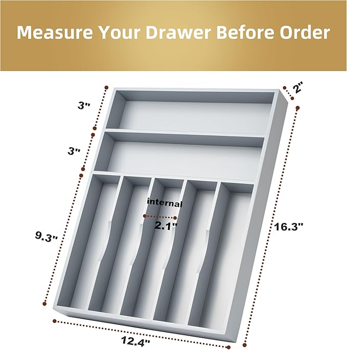 Silverware Organizer 13 Inch Gray Bamboo Kitchen Drawer Organizer 7 Slots - Image 2