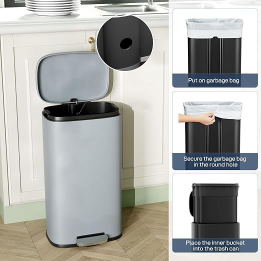Arlopu 8/13.2 Gallon Step Trash Can, Stainless Steel Garbage Bin, Soft-Close - Image 7