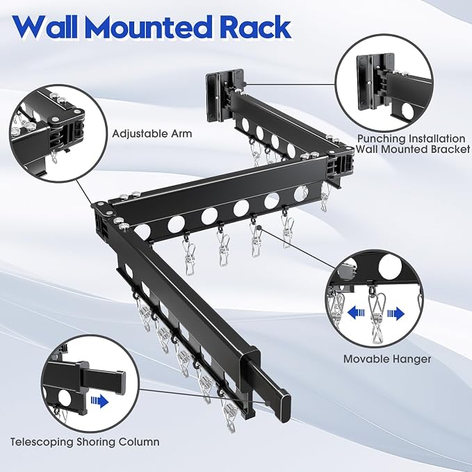 Clothes Drying Rack Foldable Wall Mounted Drying Rack 3 Fold Black-Laundry - Image 5