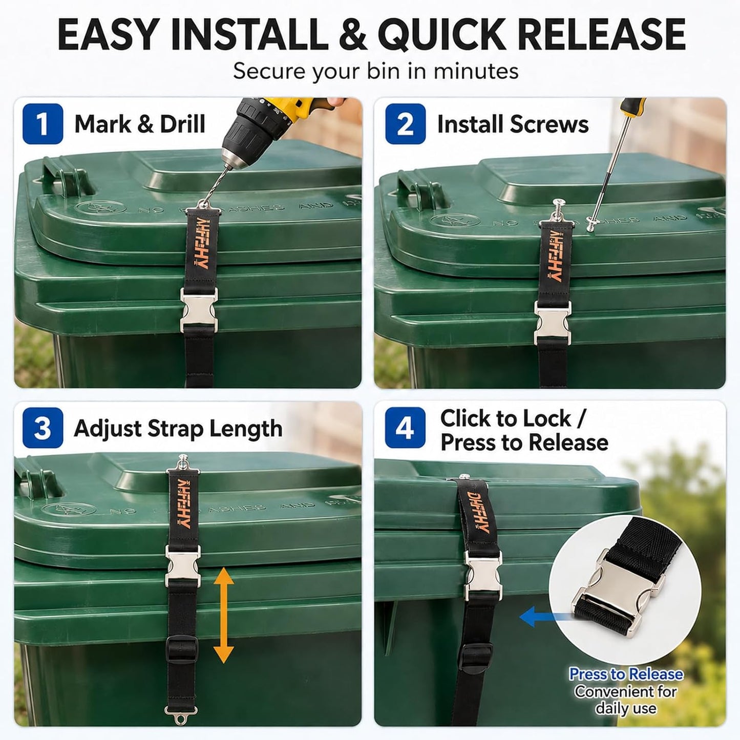 2PCS Heavy-Duty Bear Proof Trash Can Locks - Animal-Proof Lid Straps with Secure Buckle for 28-96 Gallon Outdoor Bins, Anti-Raccoon & Wildlife
