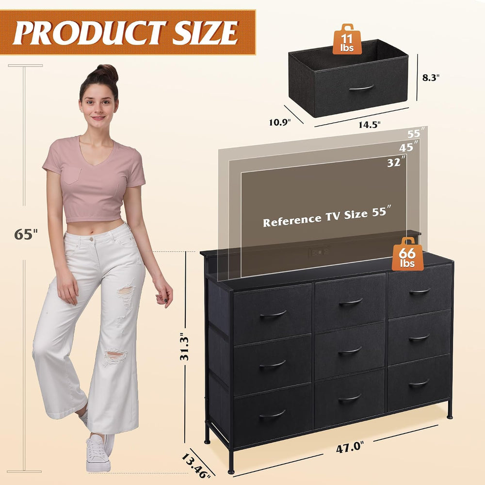 WLIVE Black Dresser TV Stand 9 Drawers, Fabric Chest of Drawers LED Lights