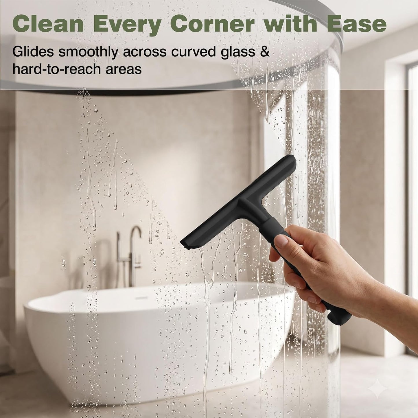 Roylvan Silicone Shower Squeegee for Glass Doors with Built-in Hook, Black | All-in-One Shower Squeegee with Ergonomic Grip, Household Window Mirror Cleaner for Bathroom Glass Kitchen Tile Wall Car