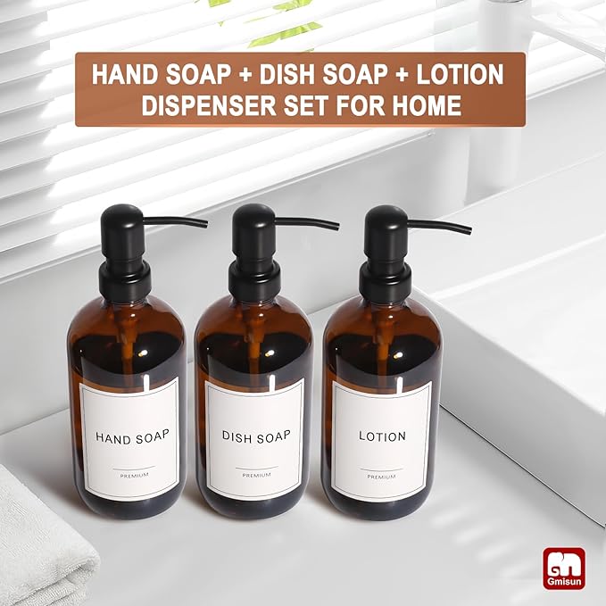 GMISUN Shampoo and Conditioner Dispenser, 3 Pack Amber Glass Bathroom Shampoo - Image 6