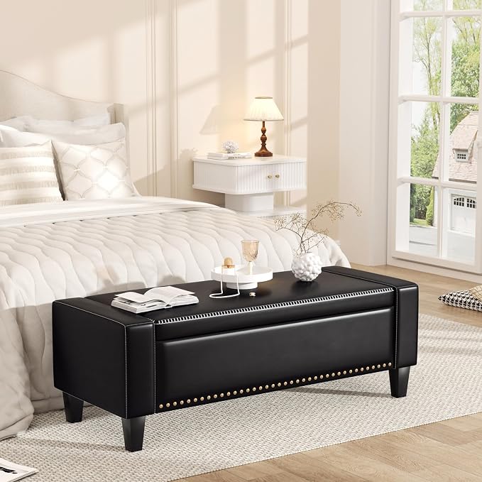 48.8" Storage Ottoman Bench Black | Faux Leather Bedroom Bench by Akmakm