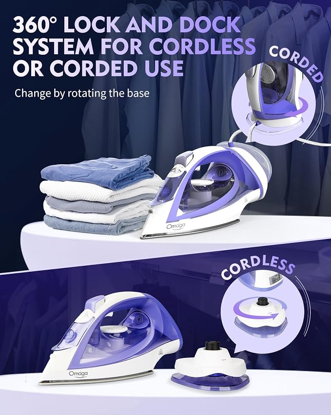 Cordless Iron for Clothes, 1550W 2-In-1 Cordless/Corded Steam Iron Rapid Heating - Image 2