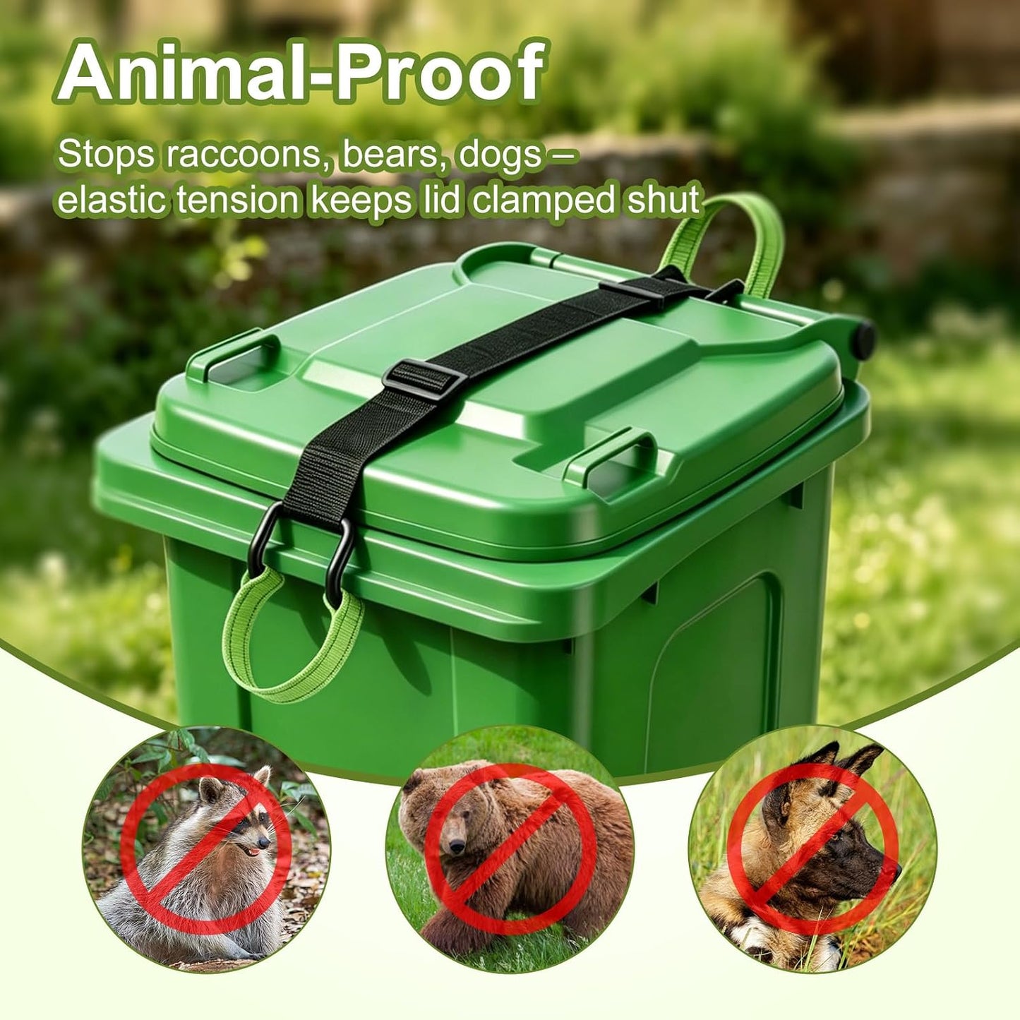 Trash Can Lock - 2 Easy-Pull Tabs for Clean Hands, Bear & Raccoon Proof Lid Lock with Heavy Duty Metal Double Claw Hook, Windproof Adjustable Strap, Fits 28-96 Gal Outdoor Bins
