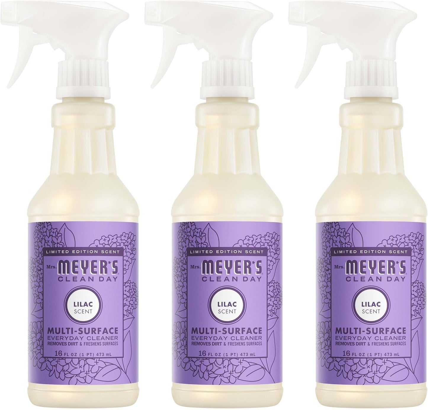 MRS. MEYER'S CLEAN DAY Multi-Surface Cleaner, Lilac, 16 fl oz, 3 Pack | Removes Dirt and Freshens Surfaces, Everyday Use, All-Purpose Cleaner, Cruelty Free, Made with Essential Oils