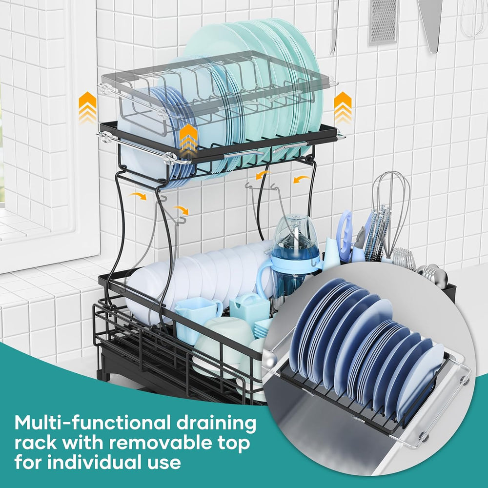 Dish Drying Rack for Kitchen Counter, Extendable Dish Rack with Drainboard, K...