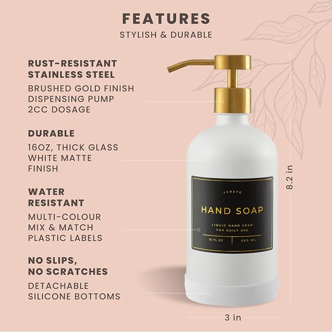 16oz Glass Soap Dispenser with Stainless Steel Pump, 21 Waterproof Labels - Image 6
