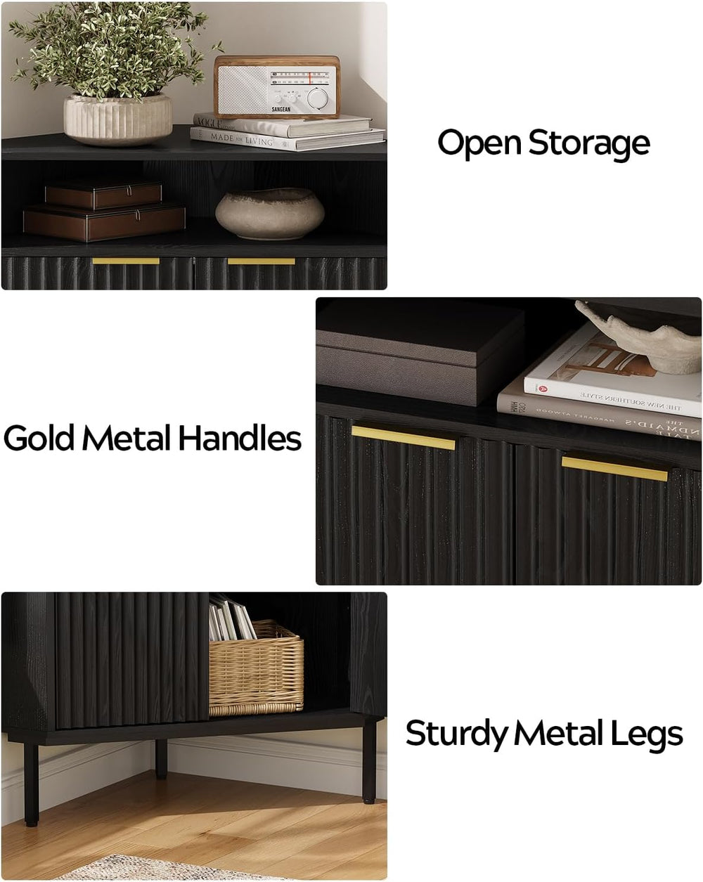 Fluted Corner Cabinet with Storage, Modern Floor Cabinets with Adjustable She...