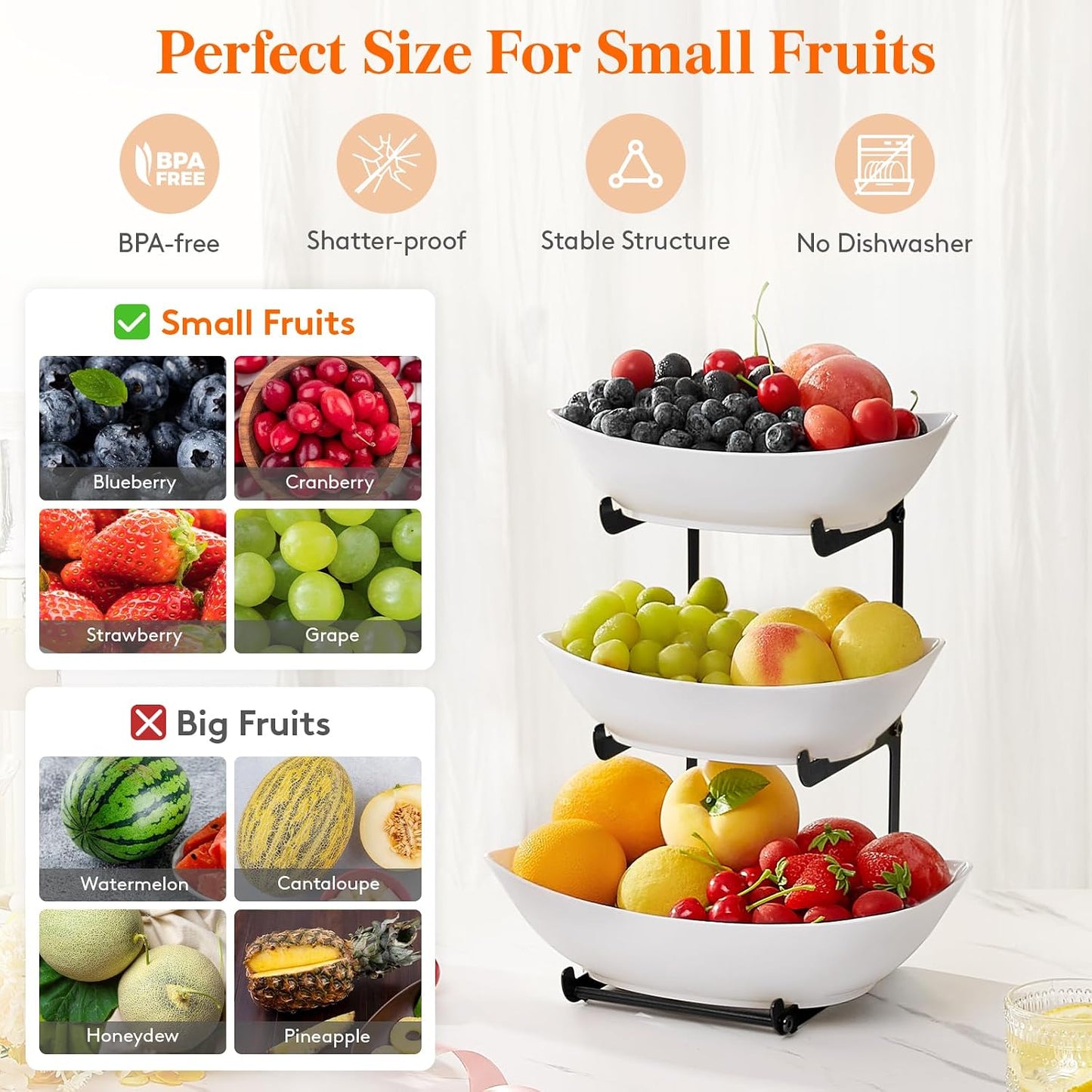 Lifewit 3 Tier Fruit Bowl for Kitchen Counter, Tiered Plastic Serving Tray | Fruit Holder with Black Metal Stand for Countertop, Tiered Serving Platters for Vegetables, Cakes, Parties & Buffets Display