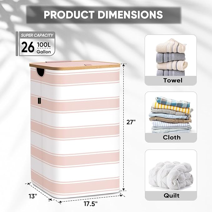 BALEINE Laundry Hamper with Lid, Tall Laundry Baskets with Bamboo Pull Handles - Image 4