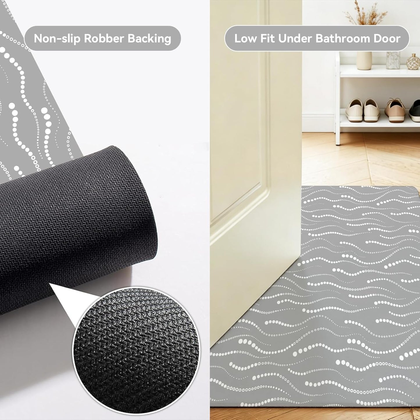 Bath Mat Set of 3, Grey and White Modern Soft & Super Absorbent Quick Dry Shower Mat,Non-Slip Rubber Backed Bottom, Thin Washable Bathroom Rug for Toilet, Tub, Sink, Restroom Decor