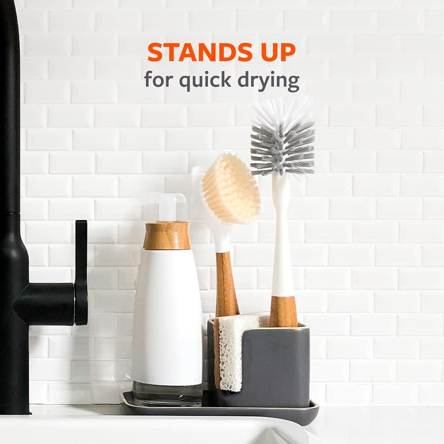 Full Circle Upstanding Bottle Brush - Made from Bamboo with Long Handle, Replaceable Head - Deep Cleans Water Bottles, Tumblers & Baby Bottles - BPA & Formaldehyde Free - White