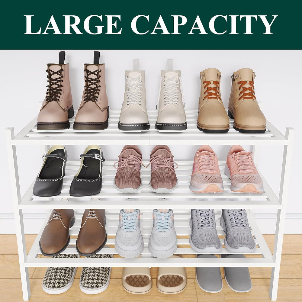 Smiry Bamboo Shoe Rack, 5 Horizontal Slats, 3 Tier - 26.8" Wide, White