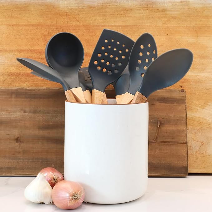 Beille 5pc Dark Grey Nylon Wooden Kitchen Utensils - Image 3