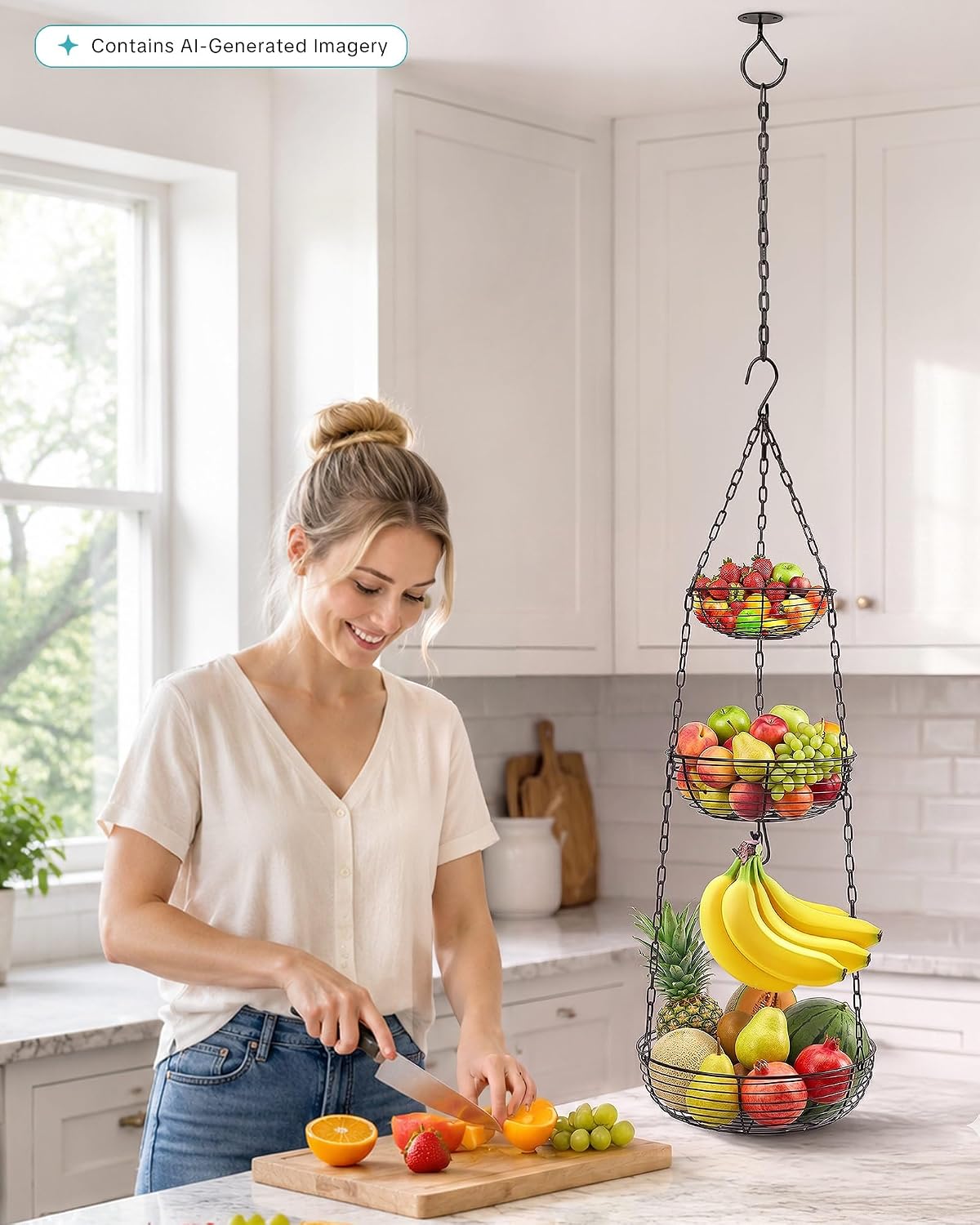Hanging Fruit Basket for Kitchen, 3-Tier Hanging Fruit Basket | Easy Installation, Ceiling Hook Included, Adjustable Chain, Removable Baskets, Banana Hook, Produce & Vegetable Organizer