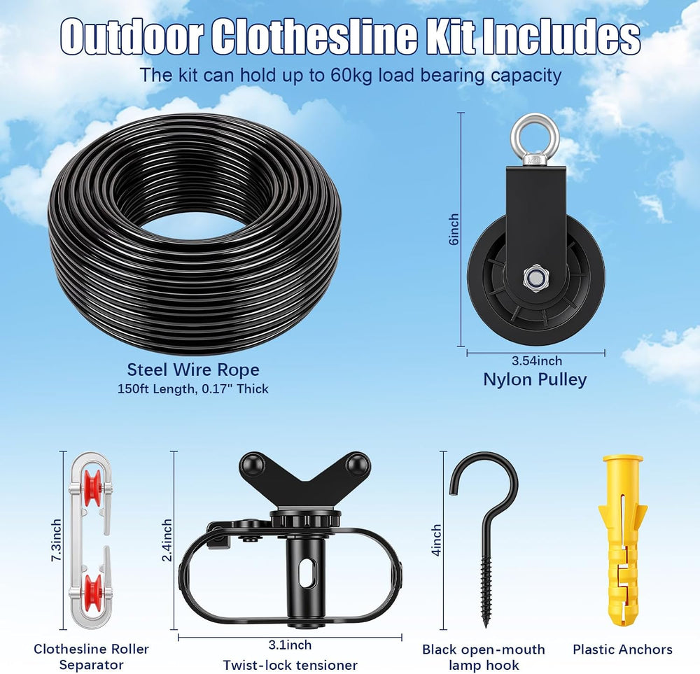 Hicarer Outdoor Clothesline Kit, Heavy Duty Black Clothes Line Pulley Kit