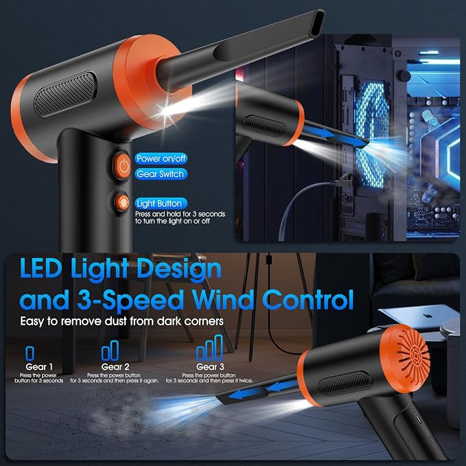 Compressed Air Duster, 100000RPM Handheld Car Vacuum/Air Blower& Pump, 3 Gear - Image 4