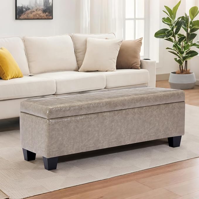 Faux Leather Ottoman with Storage, 42 Inch Rectangular Storage Ottoman Bench - Image 7