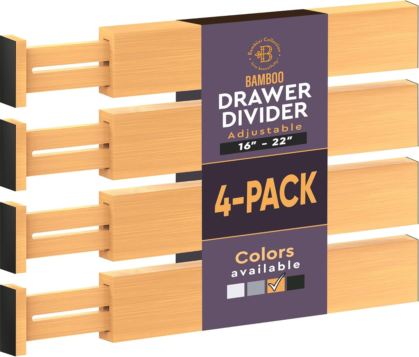 4-Pack Drawer Dividers 2.6-Inch High Dresser Drawer Organizer 16 to 22 Inch | Bamboo, Spring Loaded, No Tools Needed, Fits Wide Drawers for Socks, Clothes, Utensils, Bedroom, Bathroom, Kitchen, Office