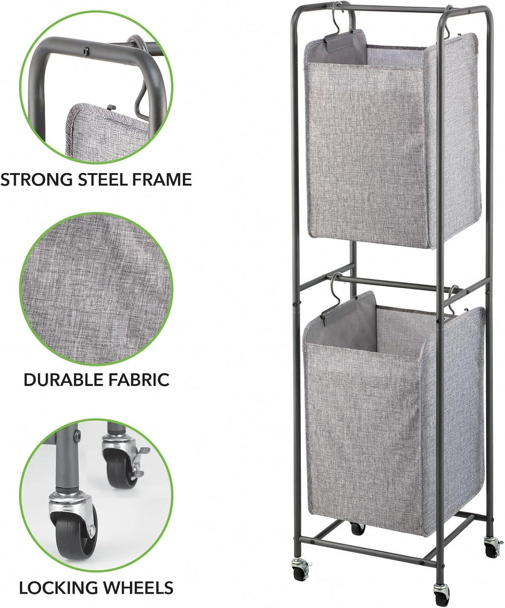mDesign Vertical Stacked Laundry Hamper Basket with Wheels, Portable, 2 Remov...