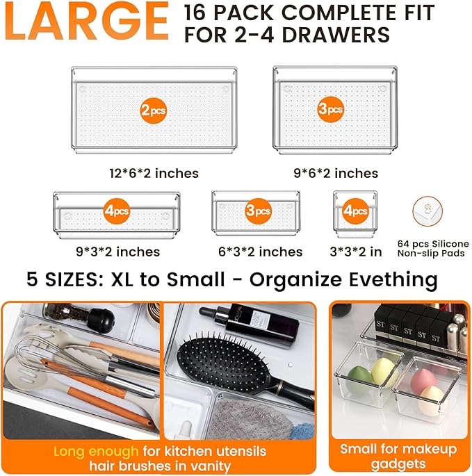 Criusia 16 Pack Large Clear Plastic Drawer Organizer Bins - Image 2