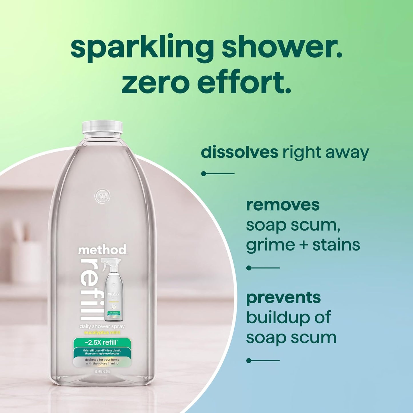 method Daily Shower Cleaner Refill, Eucalyptus Mint, 68 fl oz | Removes Soap Scum, Grime & Stains, For Use on Showers, Tubs, Tile, Glass & Fixtures, Dissolves Right Away, 2.5X Refill