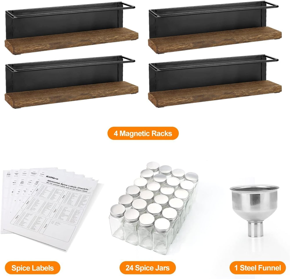 Magnetic Spice Rack with 24 Jars, 216 Labels, 1 Steel Funnel for Refrigerator...