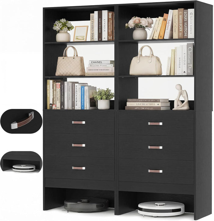 Armocity 4FT Closet System with Leather Handles, 48" Walk-in Closets Storage Unit with Cabinet, Wood Wardrobe Closet Organizer and Storage with 6 Drawers, Set of 2, Black