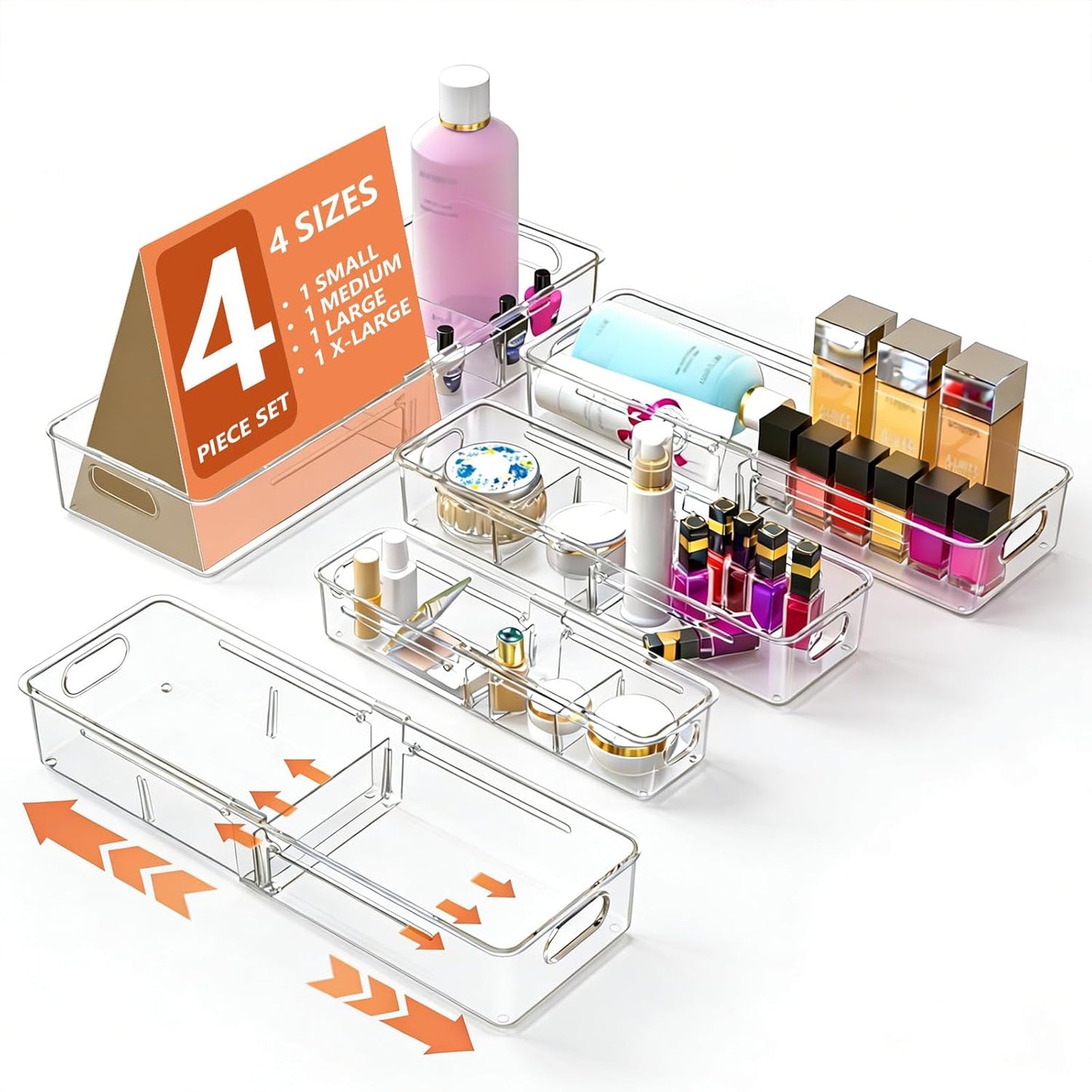 REBECAT 4 Pcs Expandable Clear Drawer Organizers, Adjustable Drawer Organizer Bins with Dividers, makeup organizer for drawer, drawer organizer bathroom for Vanity, Junk Drawer & Office