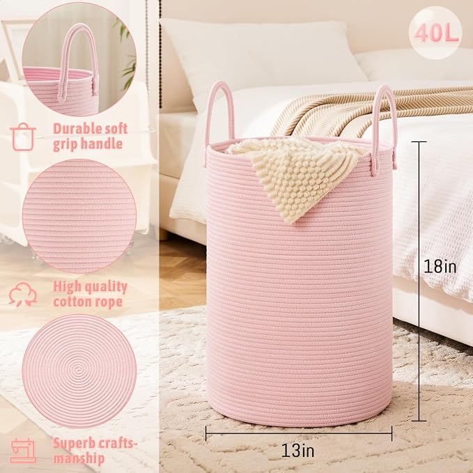 Laundry Basket, Woven Cotton Rope Laundry Hamper, 40L - Image 6