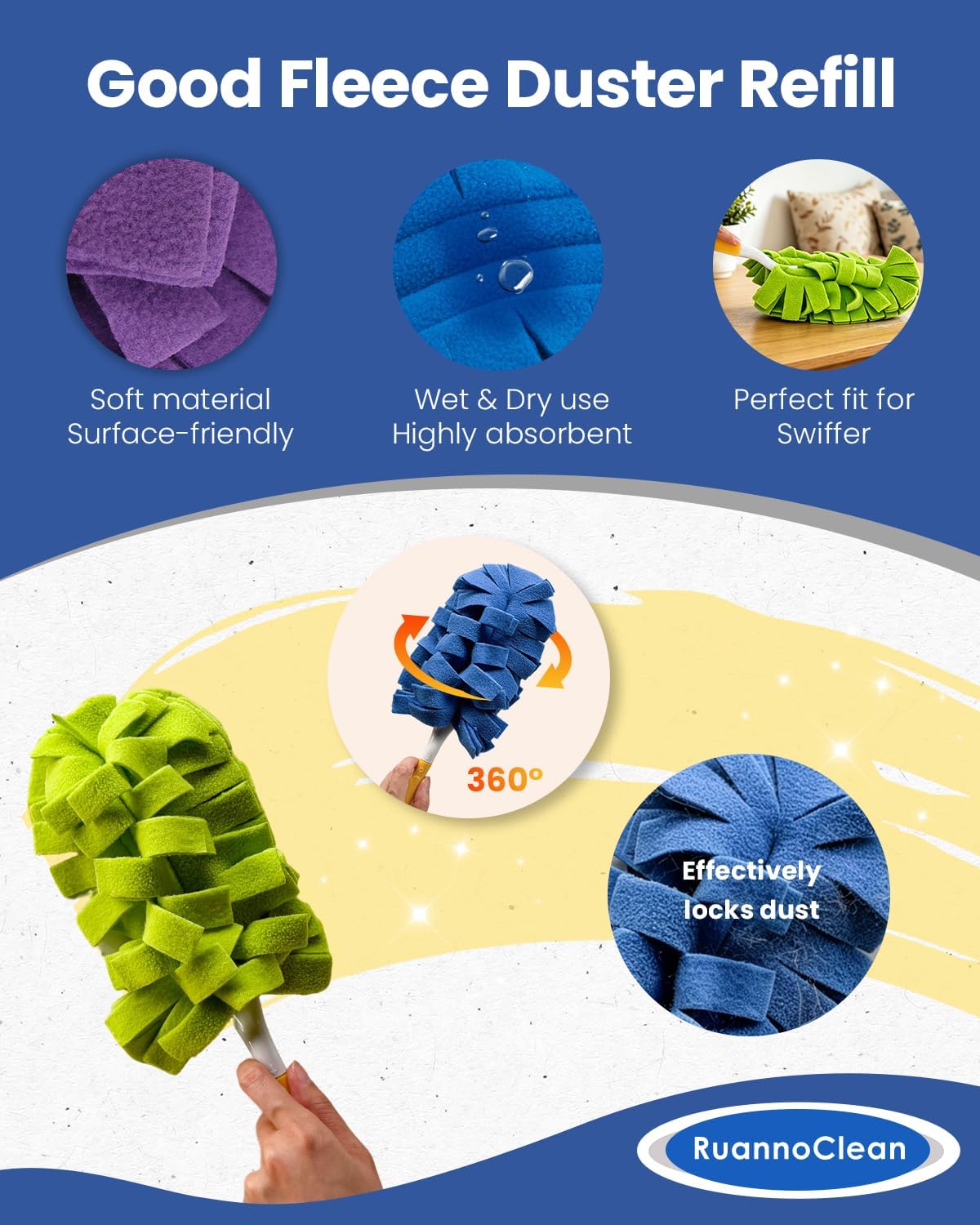 6 PCS Reusable Duster Refills Compatible with Swiffer, Washable Fleece Duster Pads 360 Heavy Duty Duster Refills for Fan, Window, Furniture, Floor Car Dust Cleaning (Handle is Not Included)