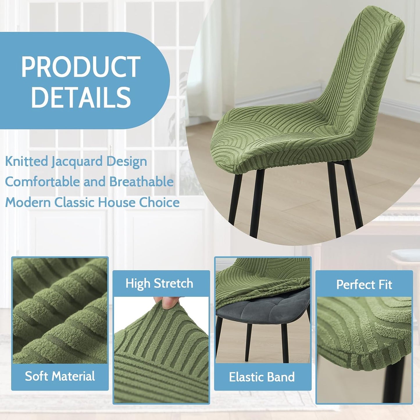Jacquard Dining Chair Covers Set of 4,Stretchy Mid Century Modern Kitchen Dining Room Chair Slipcovers Armless Accent Side Chair Covers for Dining Chairs,Green