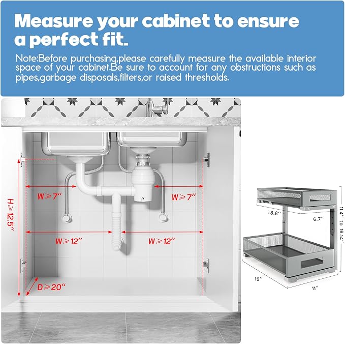 2 Pack 19IN Depth Under Sink Storage Organizer, Large 2-Tier Elegant Mesh Pull - Image 2