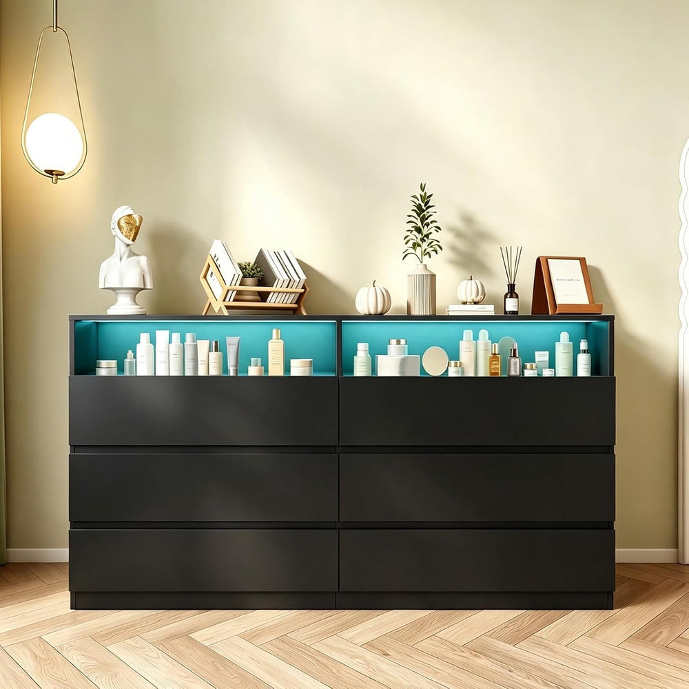 Premium 6 Drawers 2 Shelves 47"L Bedroom Black Dresser with RGB Lights