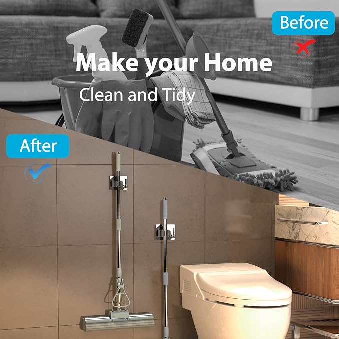 Mop Broom Holder No Drill, Mop Broom Organizer Wall Mounted Heavy Duty - Image 9